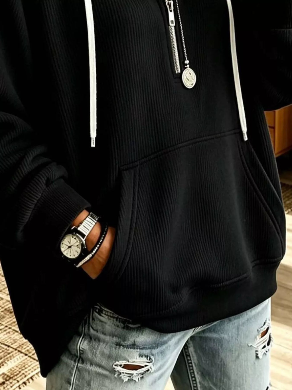 Ribbed Knit Quarter-Zip Hoodie with Kangaroo Pocket - Lilixa.store