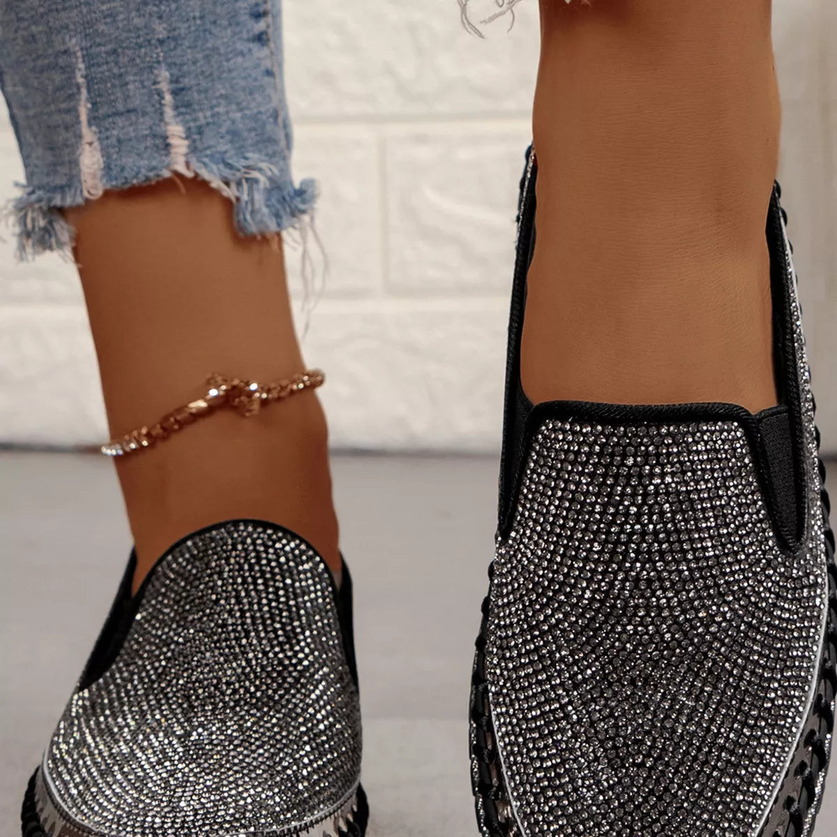 Rhinestone Round Toe Platform Loafers, view 6
