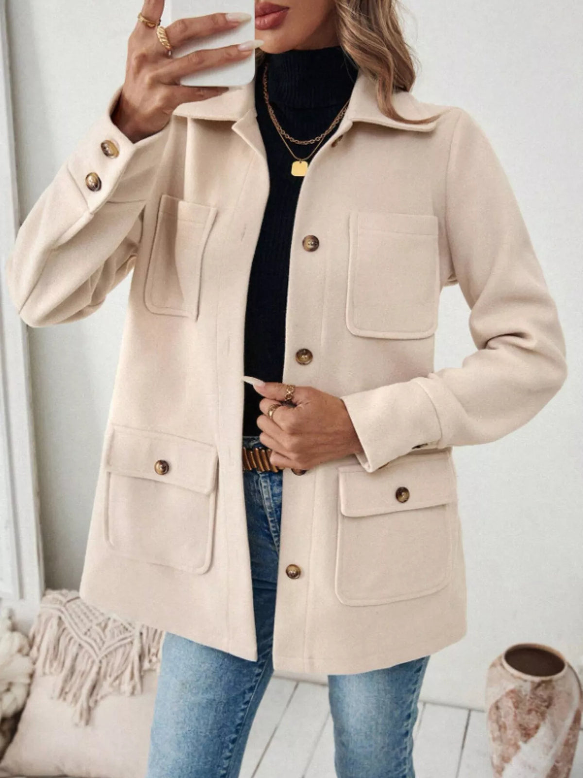 Button-Front Pocketed Long Sleeve Outerwear, view 3