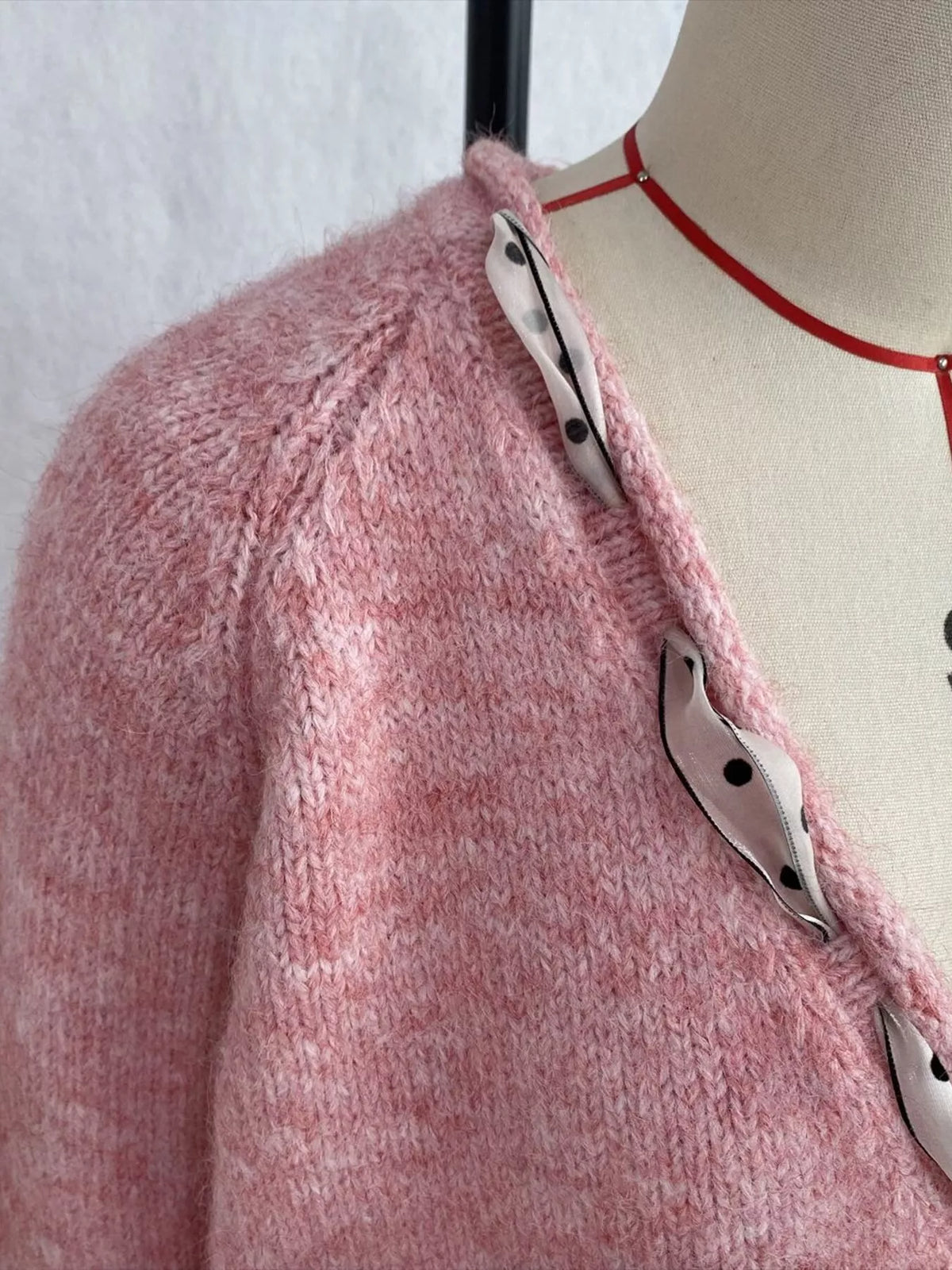 Chic V-Neck Sweater with Polka Dot Ribbon Tie, view 11