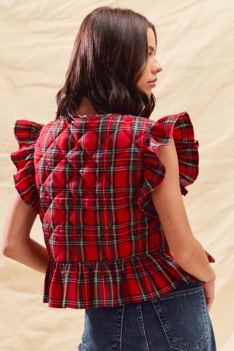 SO ME Christmas Holiday Plaid Ruffled Quilt Vest Top - Lilixa.store