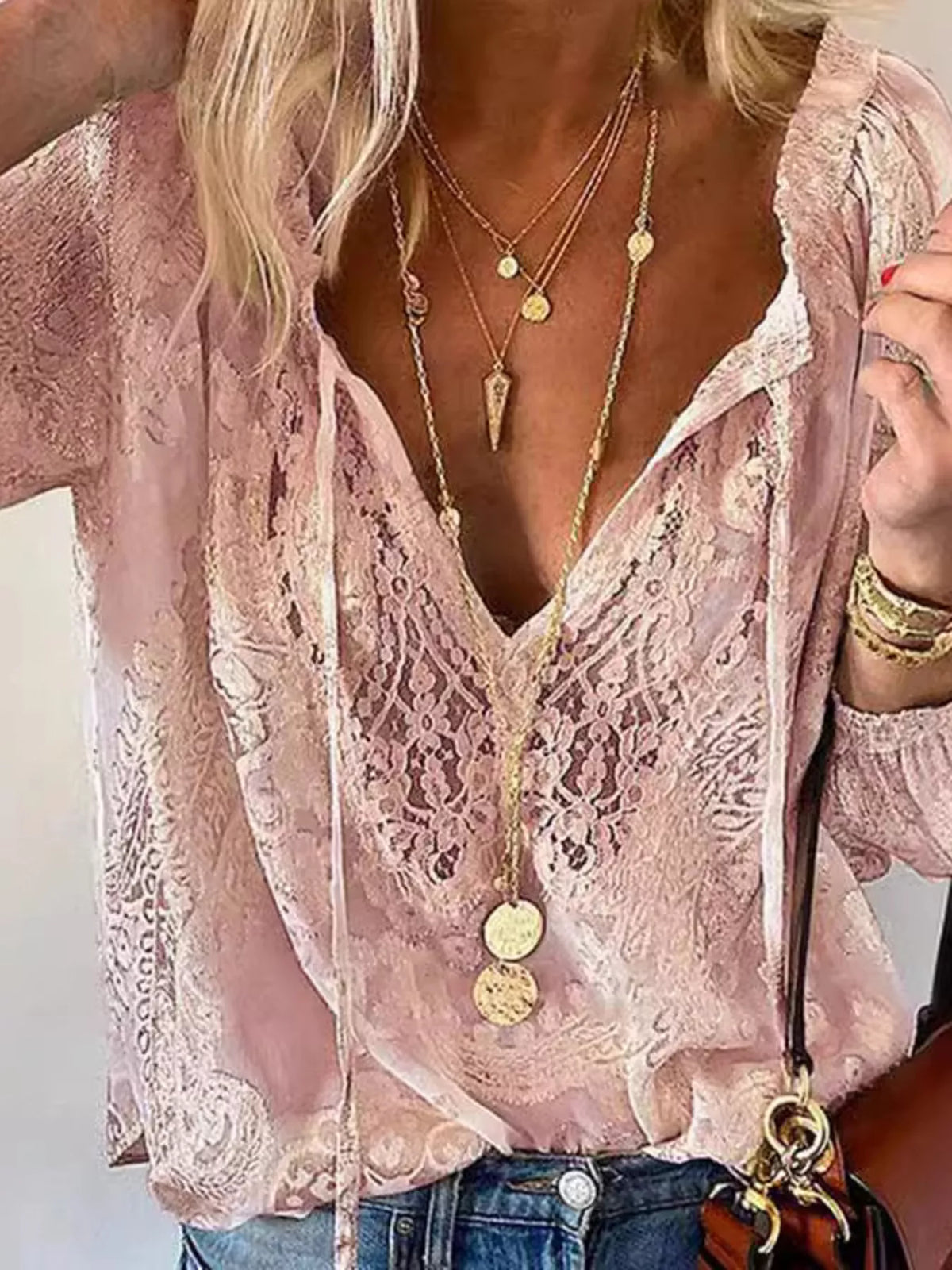 Lace Tie-Neck Blouse - Lilixa.store