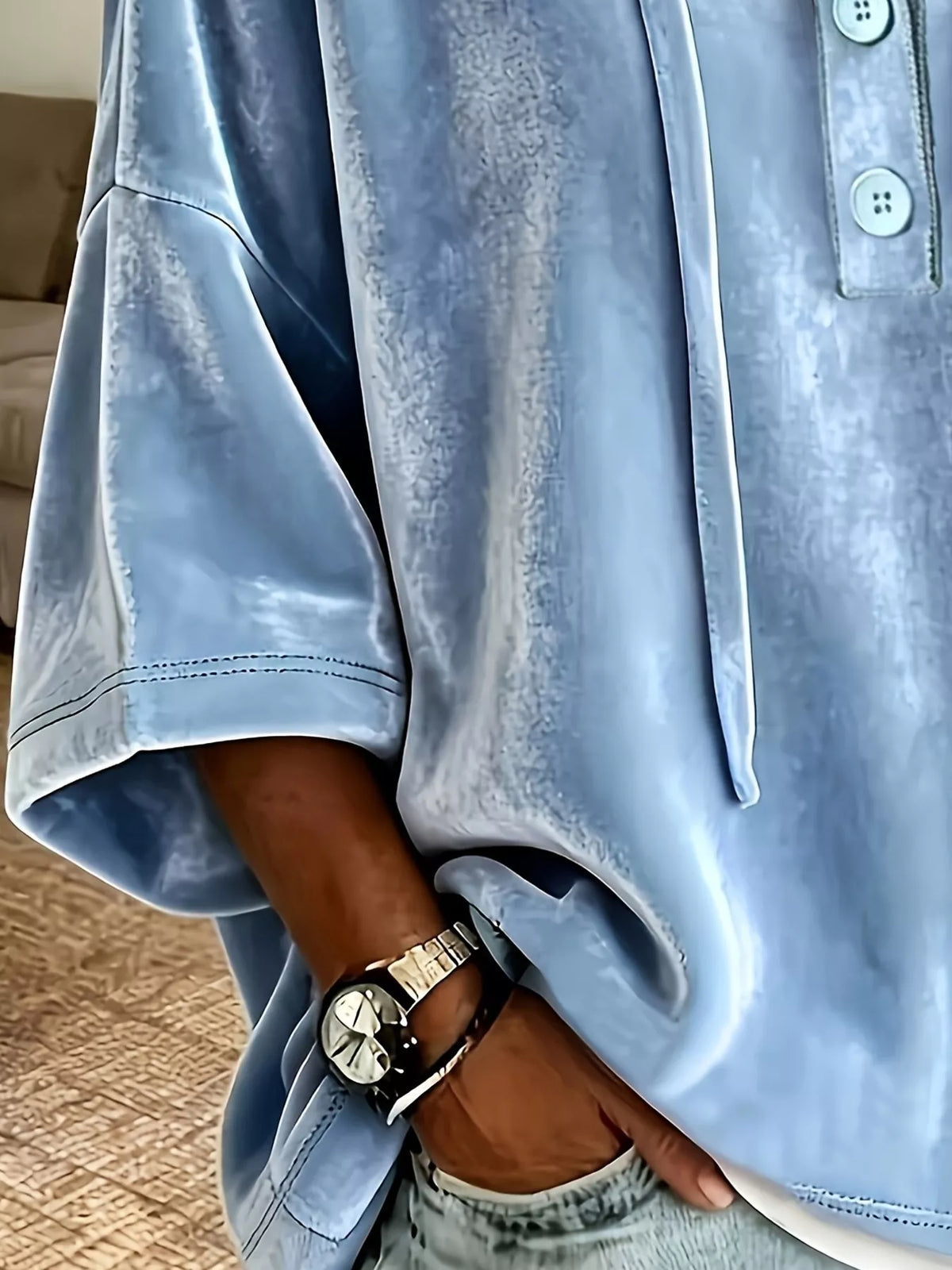 Full Size Velvet Button Detail Drawstring Hoodie Plus Size, view 2