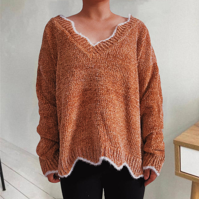 V-Neck Drop Shoulder Long Sleeve Sweater in Caramel