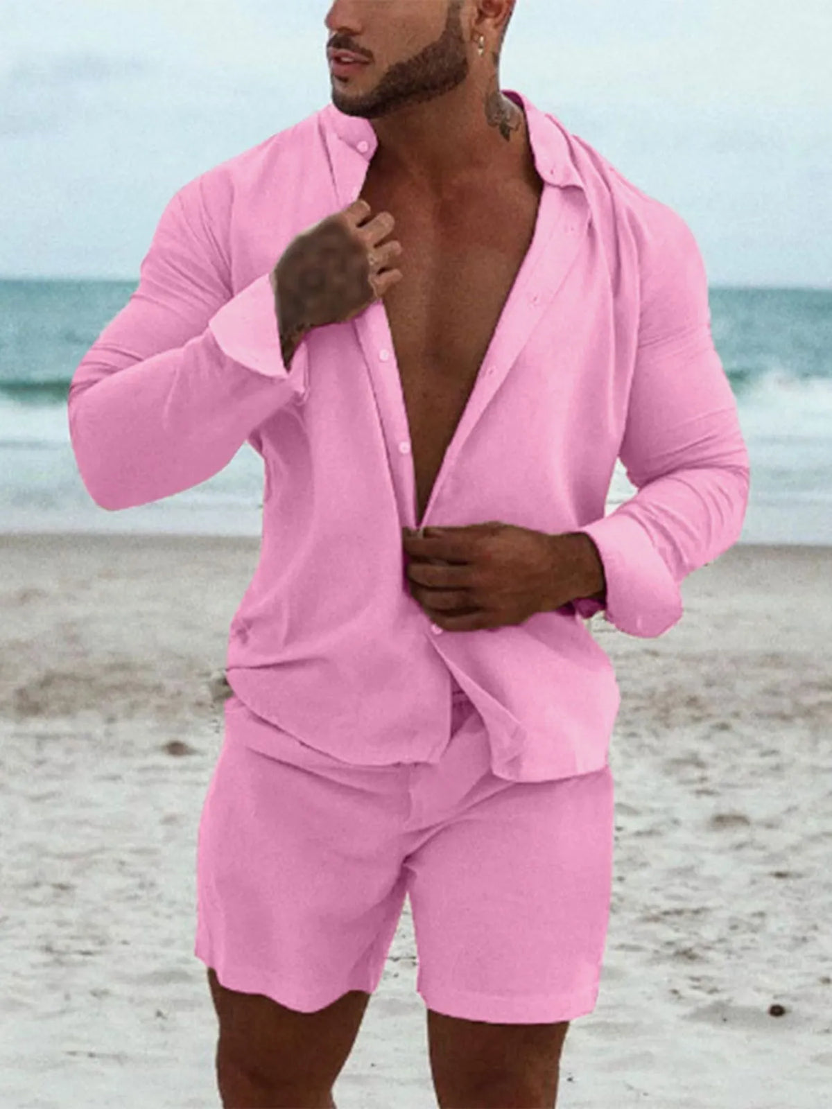 Men's Full Size Button Up Long Sleeve Shirt and Shorts Set Plus Size, view 5