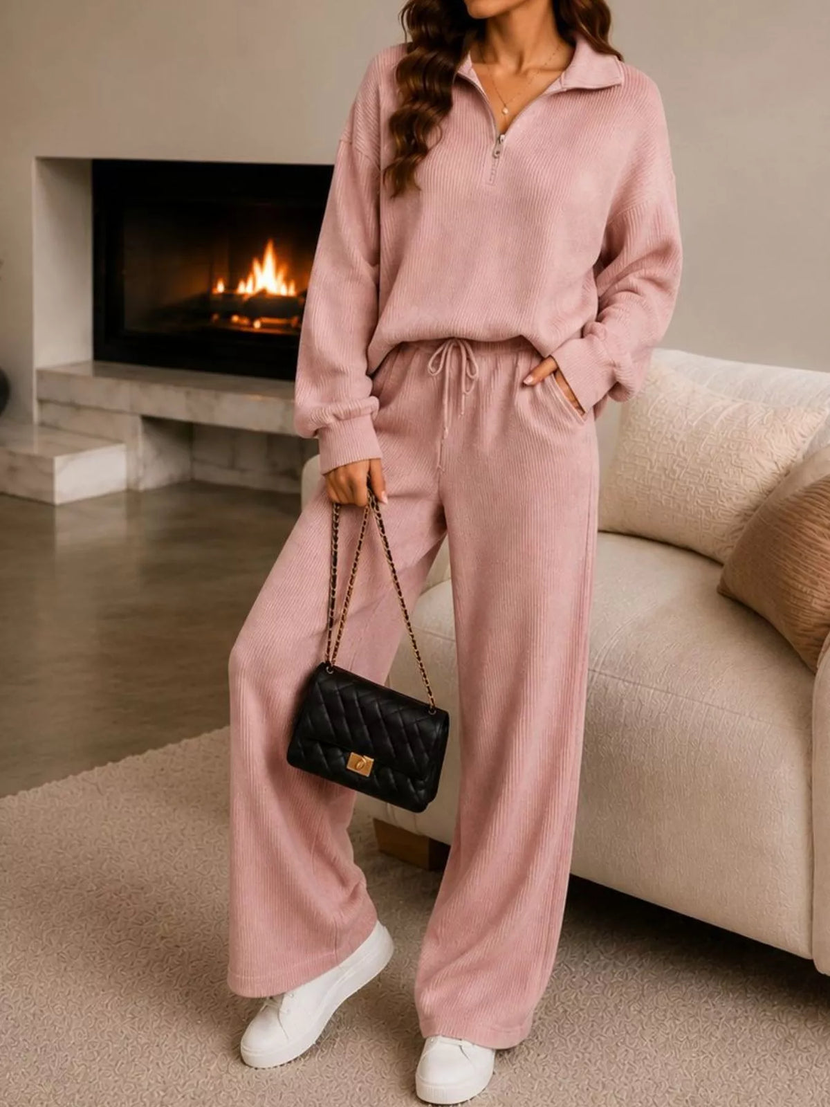 Ribbed Knit Quarter-Zip Top and Wide-Leg Pants Set in Dusty Pink