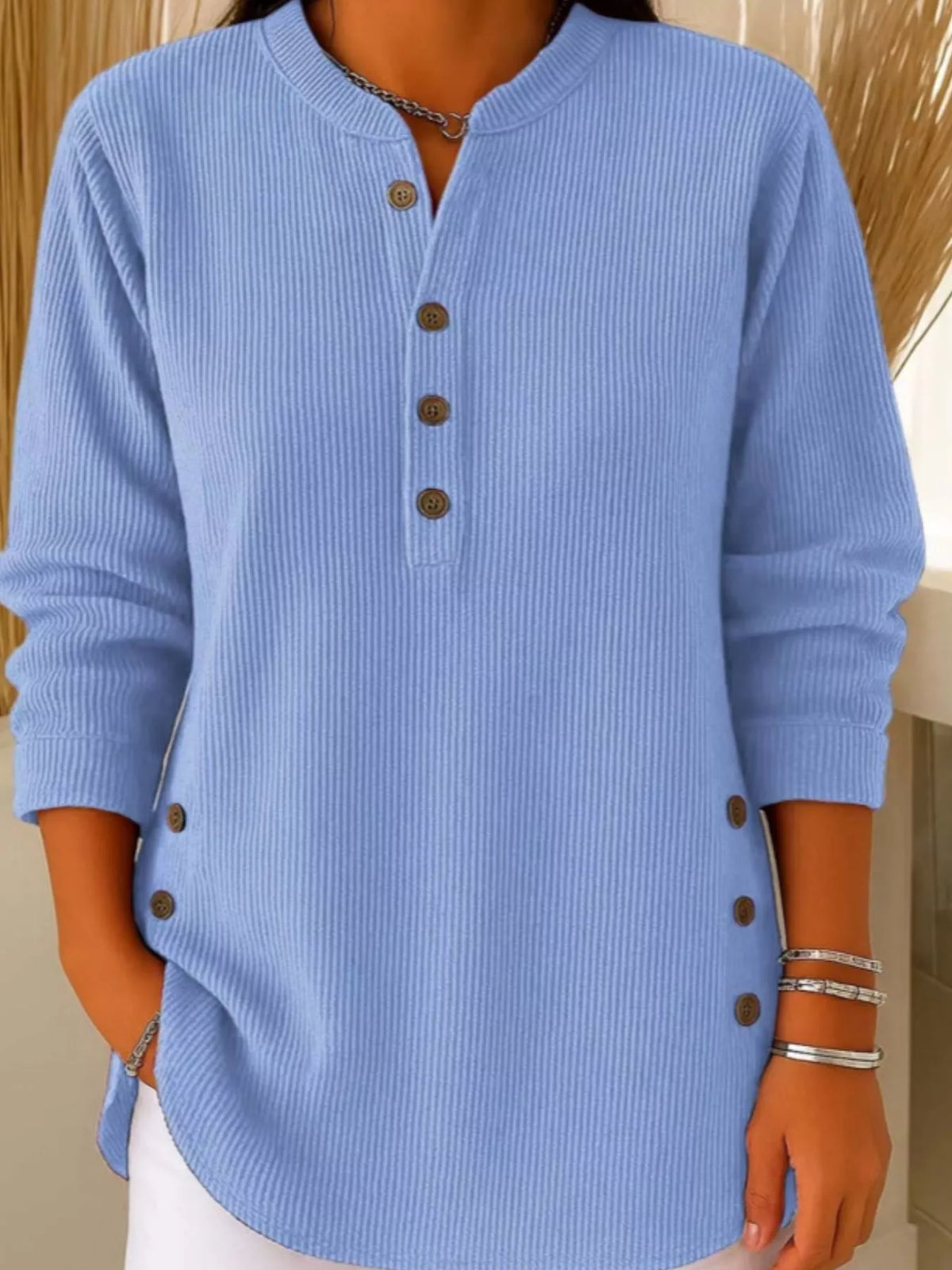 Full Size Button Detail Corduroy Top Plus Size