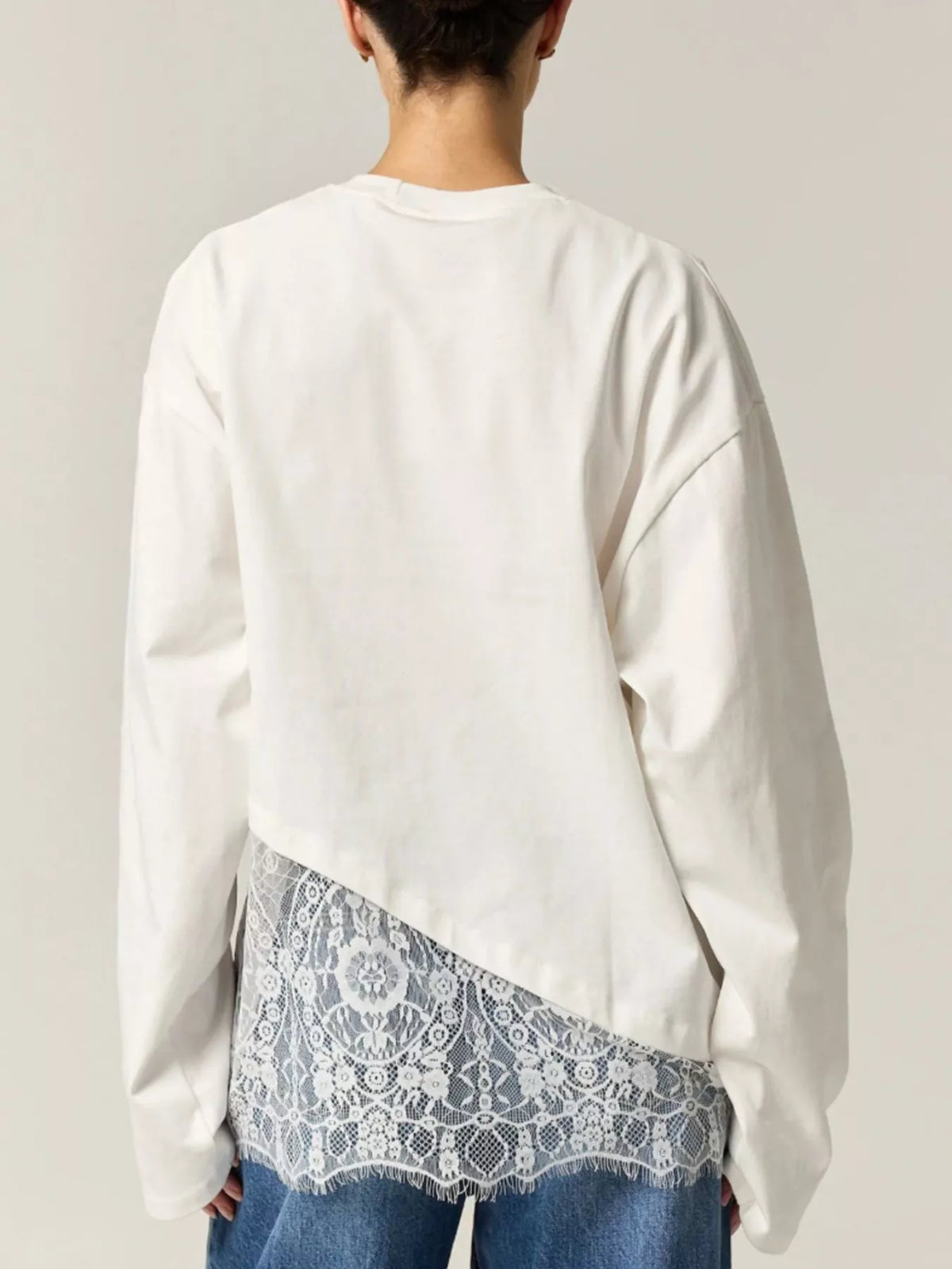 Long-Sleeve T-Shirt with Asymmetric Lace Hem - Lilixa.store