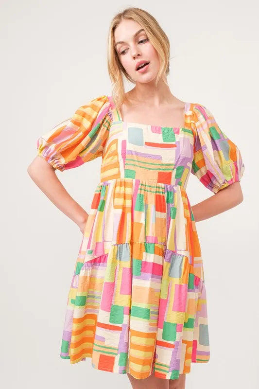 And The Why Square Neck Puff Sleeve Geo Printed Mini Dress - Lilixa.store
