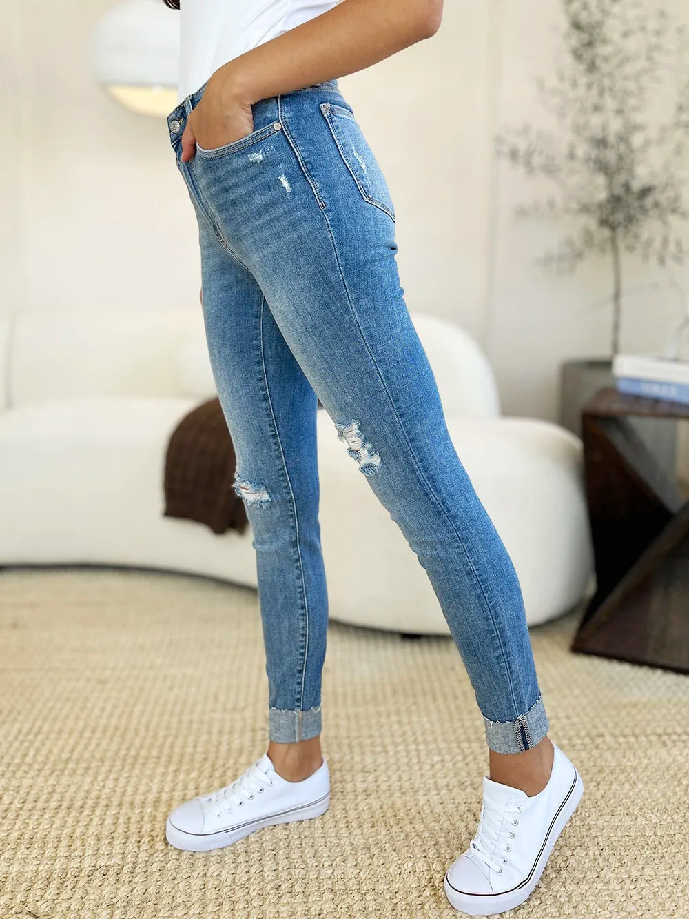 Judy Blue Full Size Mid Rise Destroy & Cuff Skinny Jeans - Lilixa.store