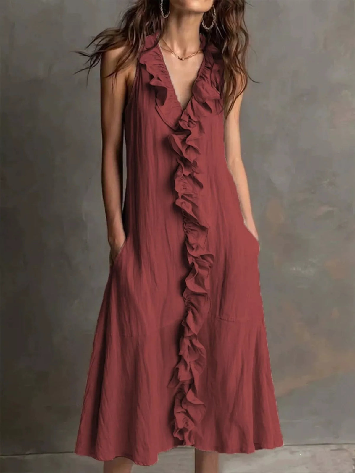 Sleeveless Ruffle Trim V-Neck Midi Dress in Burgundy