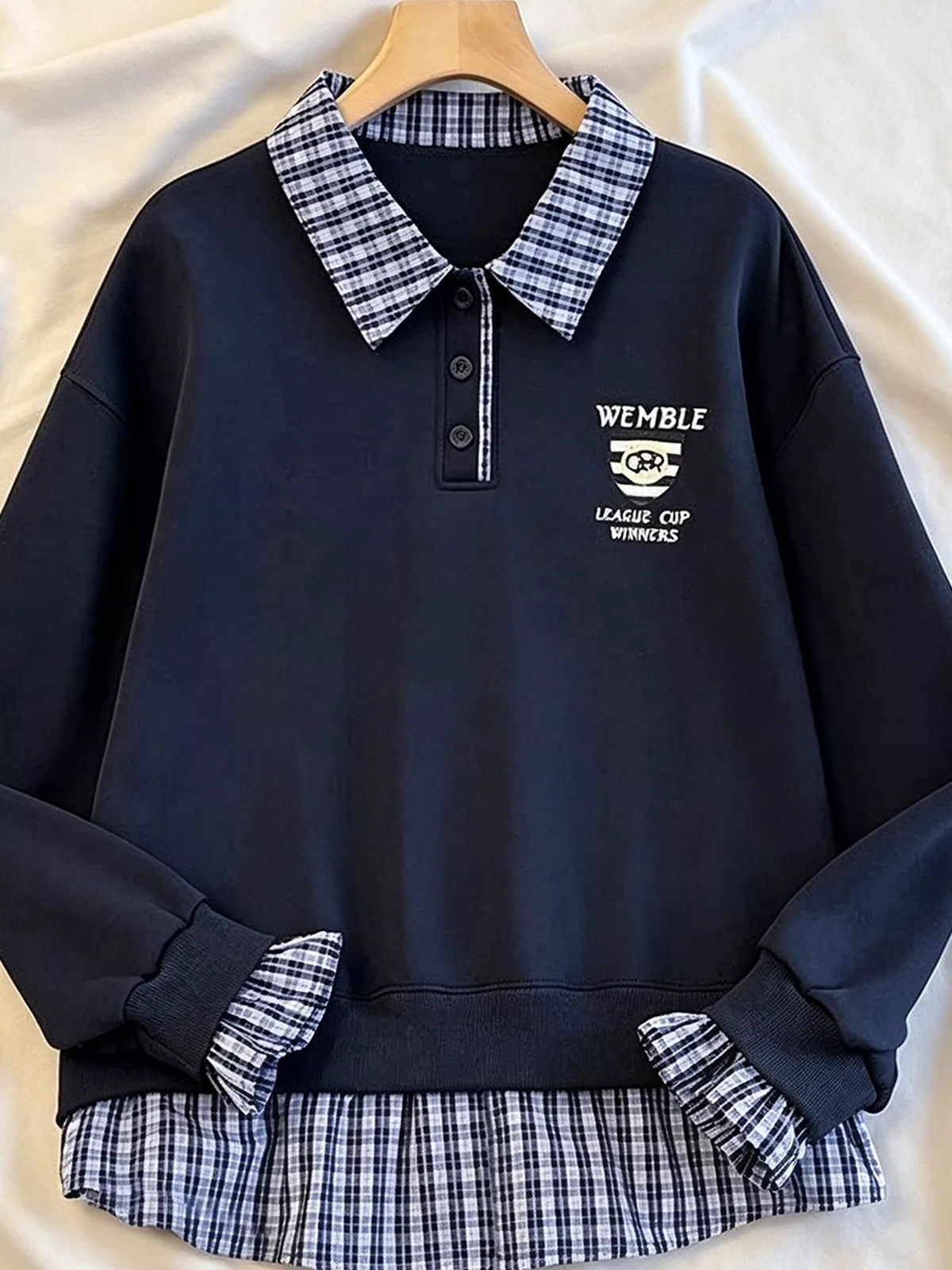Plaid Collared Faux-Layered Hem Sweatshirt in Navy Blue