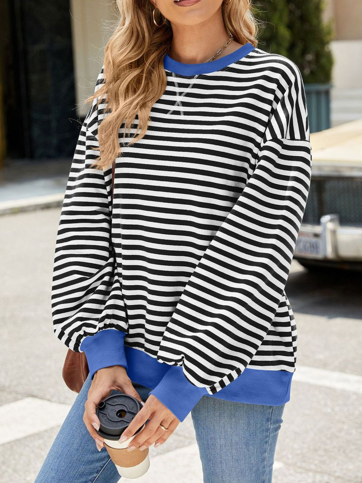 Striped Crew Neck Long Sleeve Sweatshirt, view 9