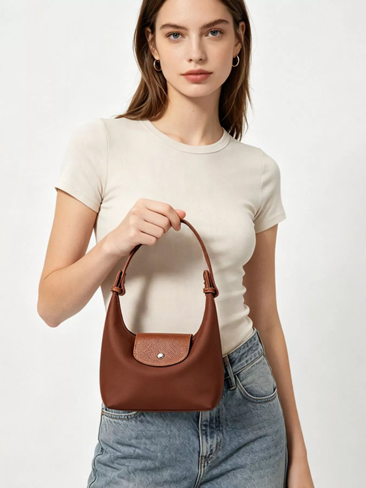 Minimalist Leather-Trimmed Shoulder Bag in Dark Brown, view 2