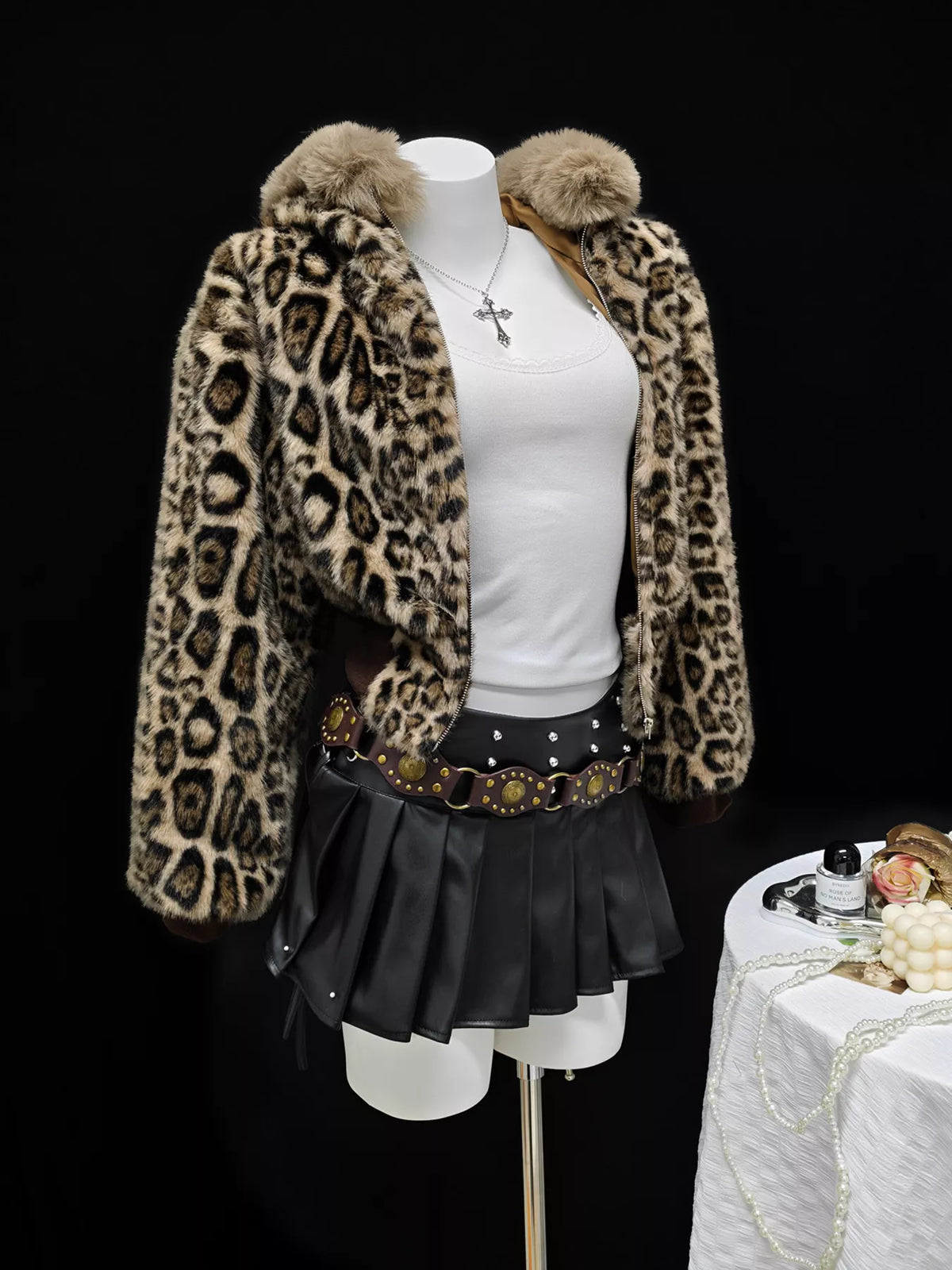 Leopard Faux Fur Hooded Outerwear in Brown, view 3