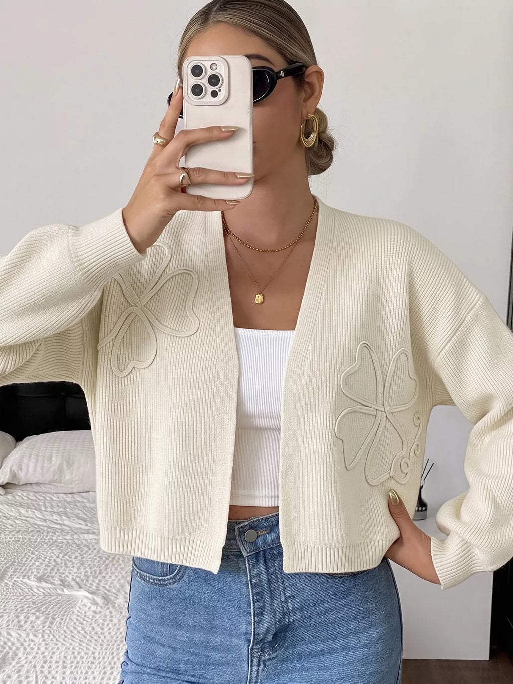 Four-Leaf Clover Open Front Cardigan - Lilixa.store