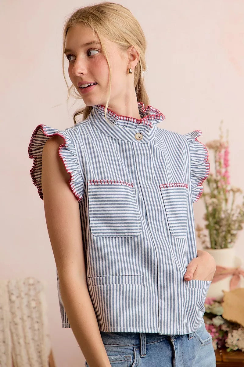 SO ME Stripe Twill Stitch Ruffled Hidden Button Vest Top - Lilixa.store