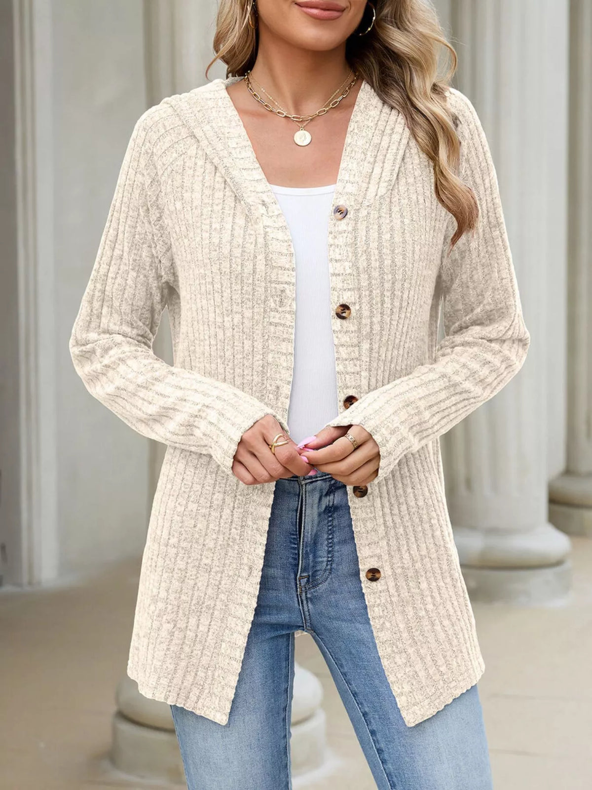 Ribbed Knit Hooded Button-Down Cardigan - Lilixa.store
