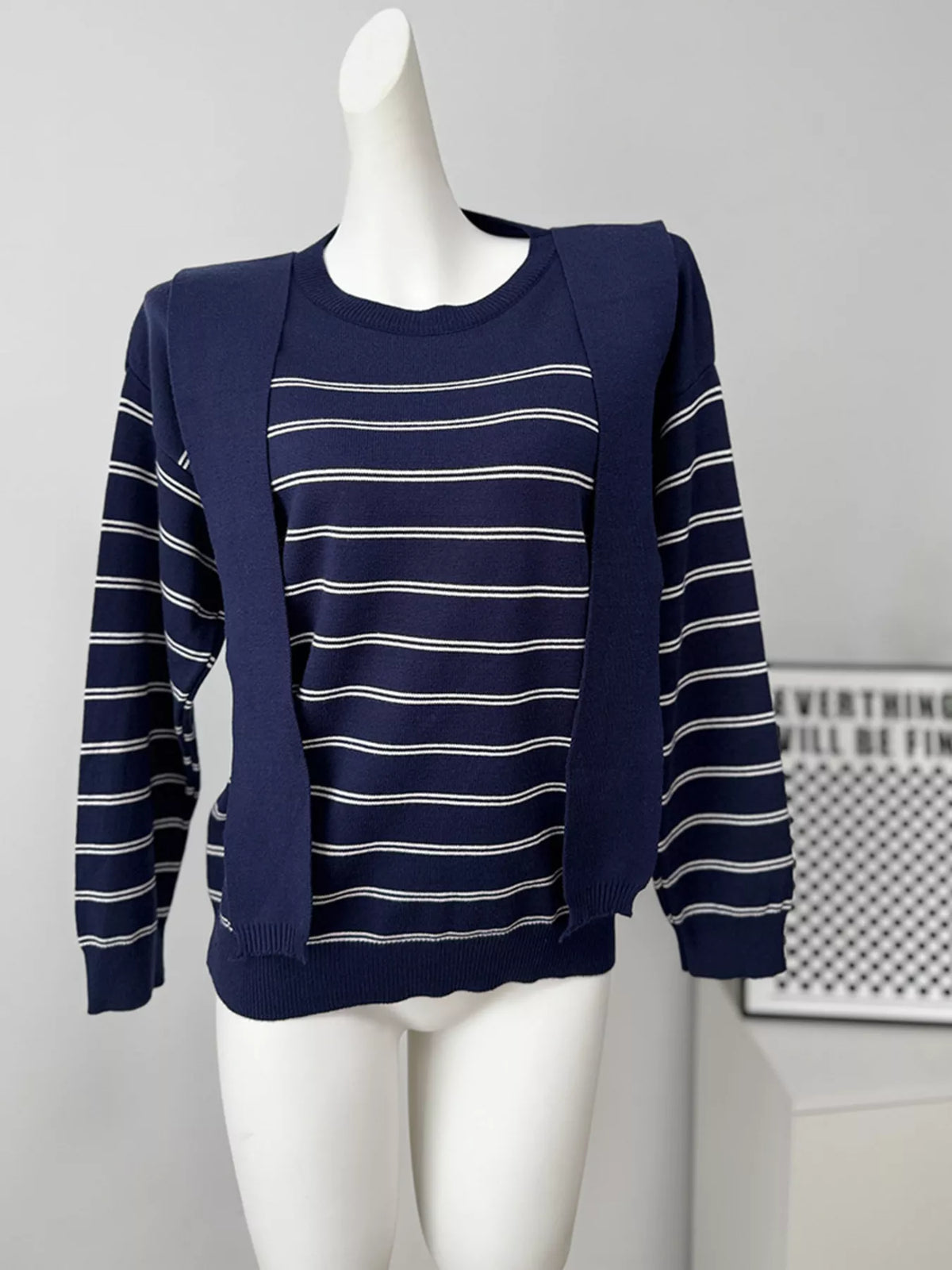 Classic Striped Crewneck Knit Top with Layered Sweater Detail, view 15