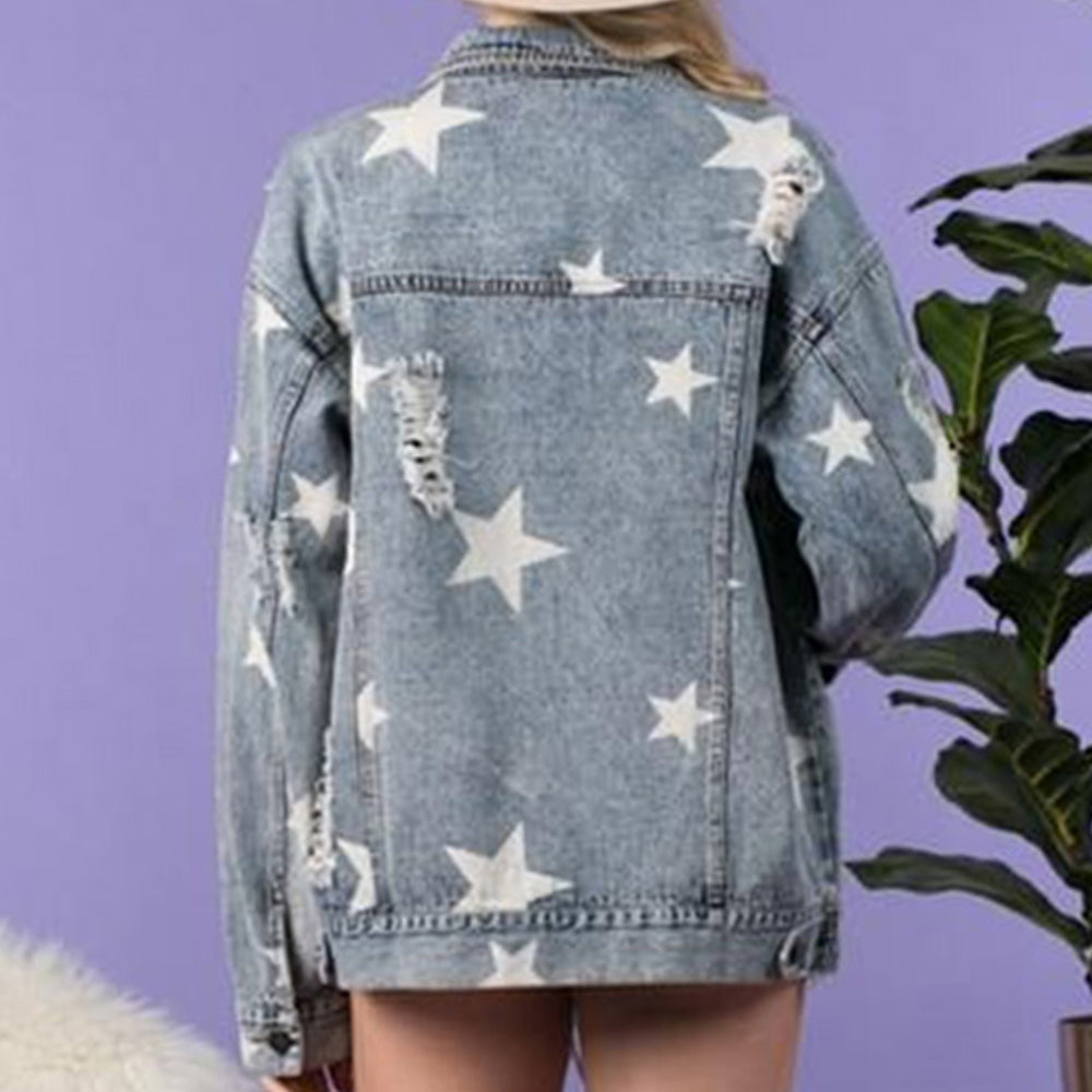Star Distressed Denim Shacket, view 2