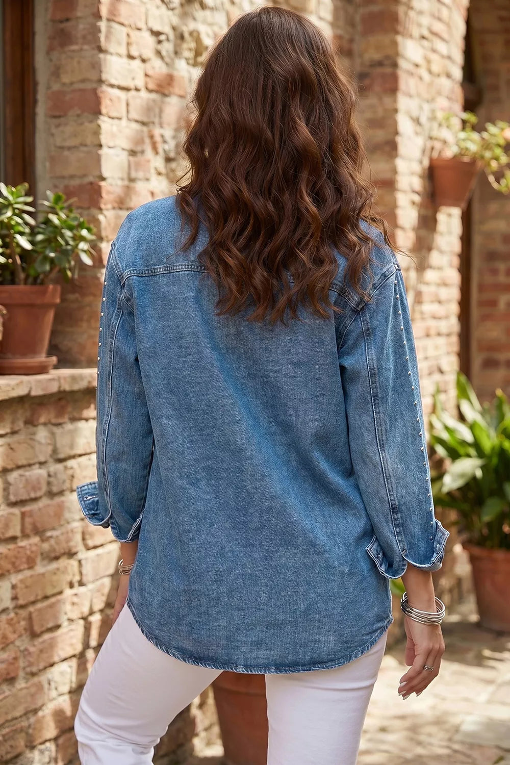 Rivet Embellished Western Style Regular Fit Long Sleeve Denim Jacket, view 5