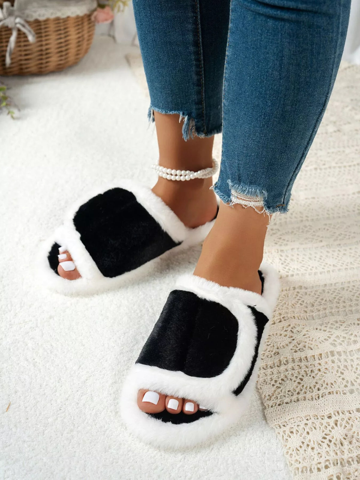 Fuzzy Open Toe Flats Slippers - Lilixa.store