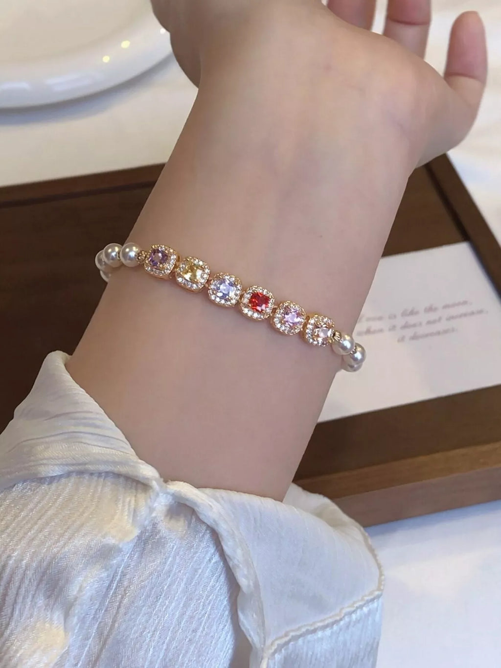 Pearl & Zircon Adjustable Bracelet in Gold, view 2