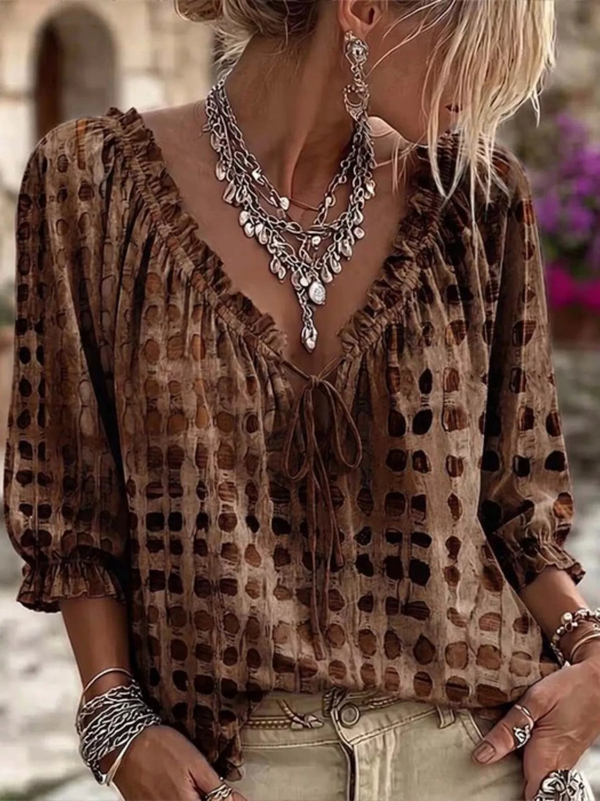 Full Size Tie Neck 3/4 Sleeve Blouse Plus Size
