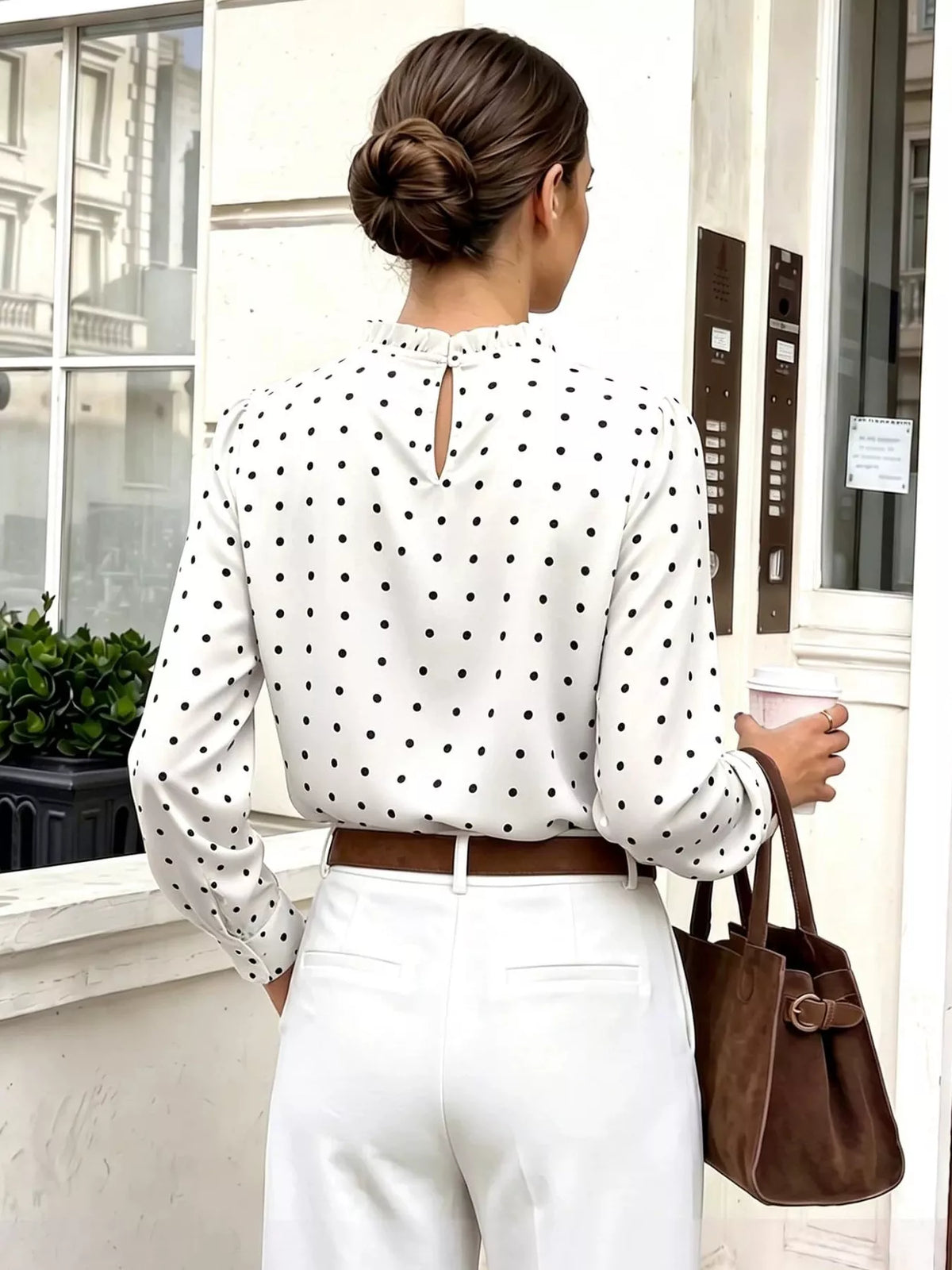 Elegant Polka Dot Print Mock Neck Long Sleeve Blouse, view 2