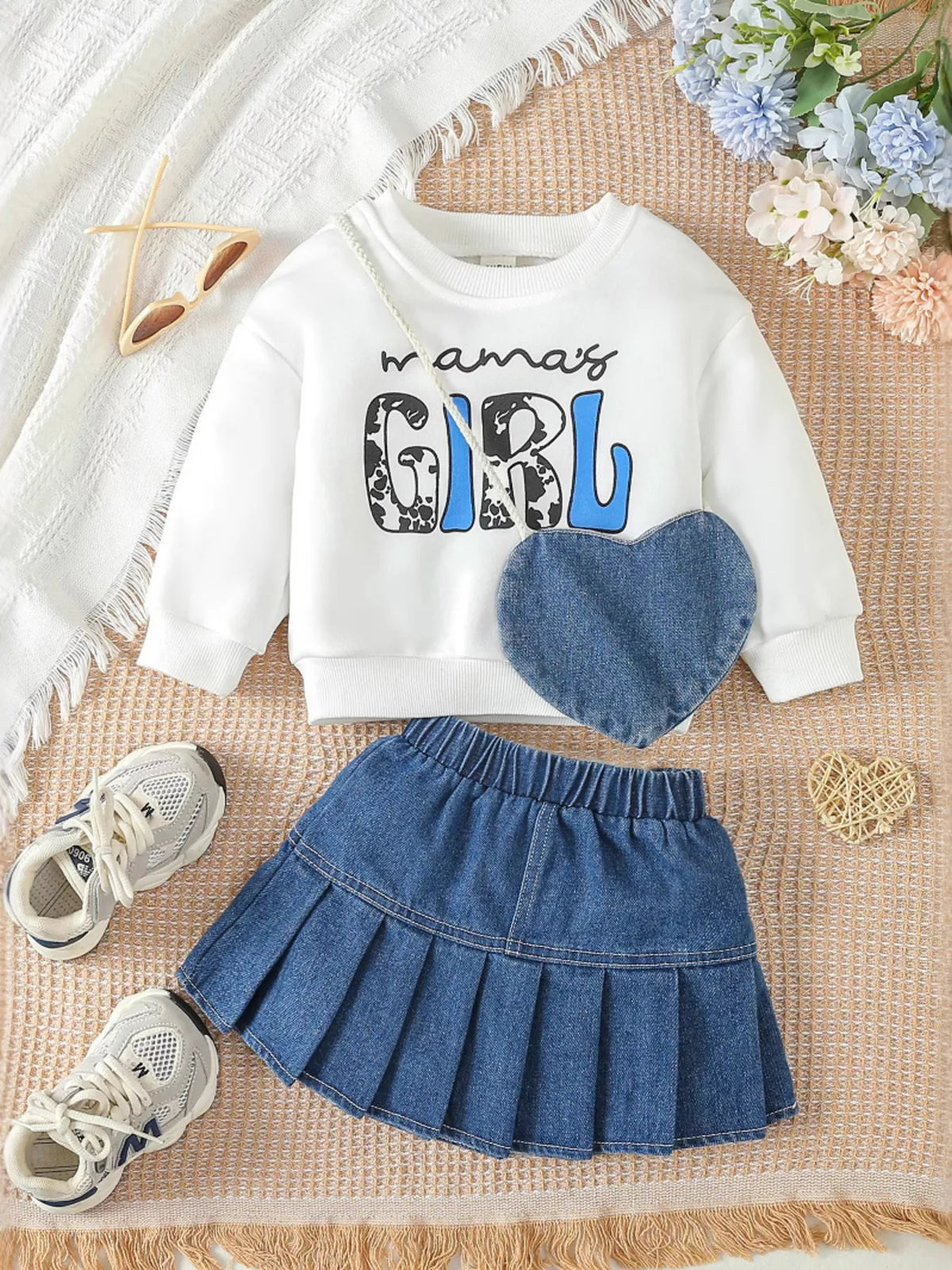 Children's Letter Long Sleeve Top and Denim Skirt Set with Heart Bag - Lilixa.store