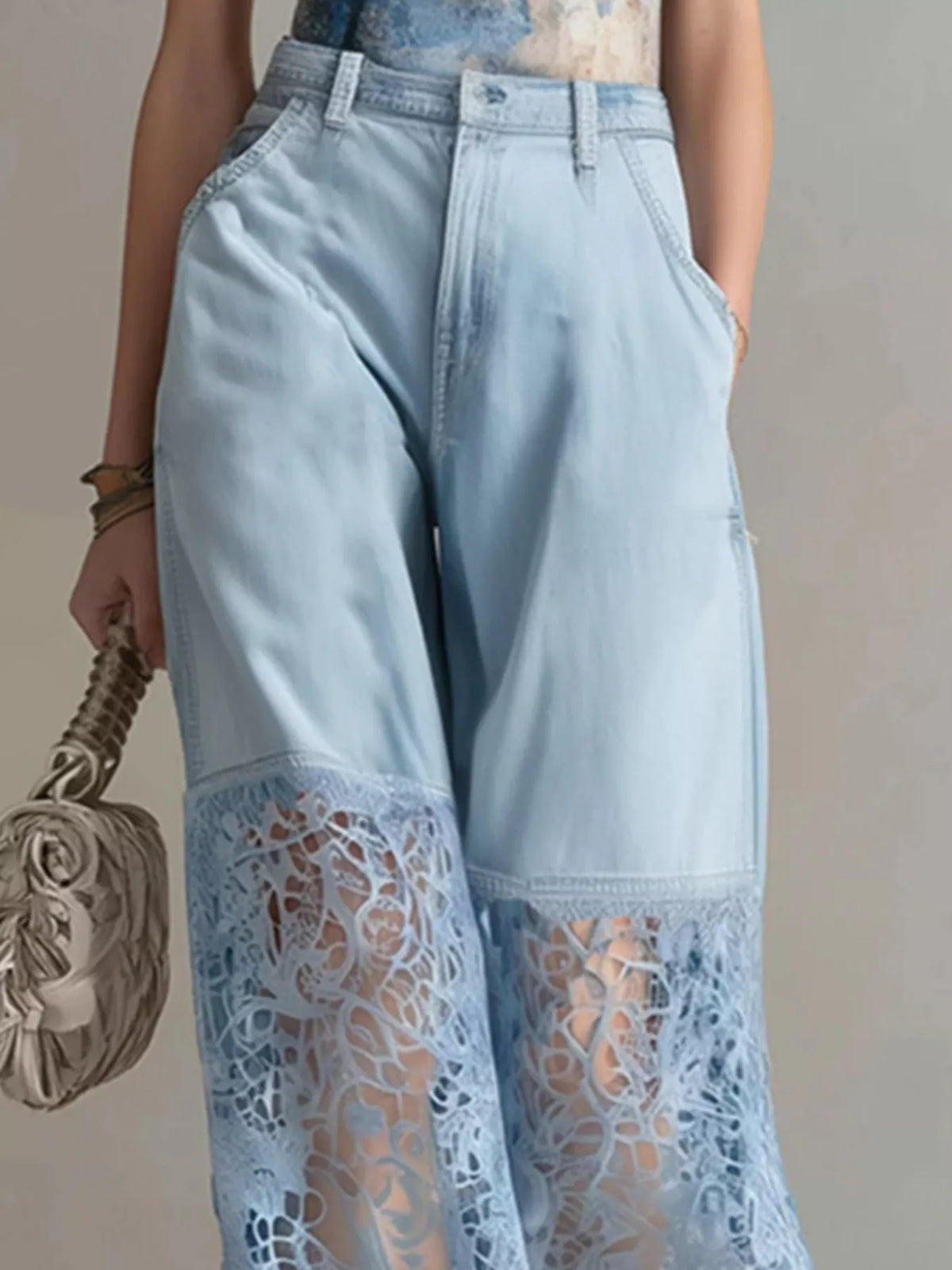 Lace Patchwork Wide Leg Jeans - Lilixa.store