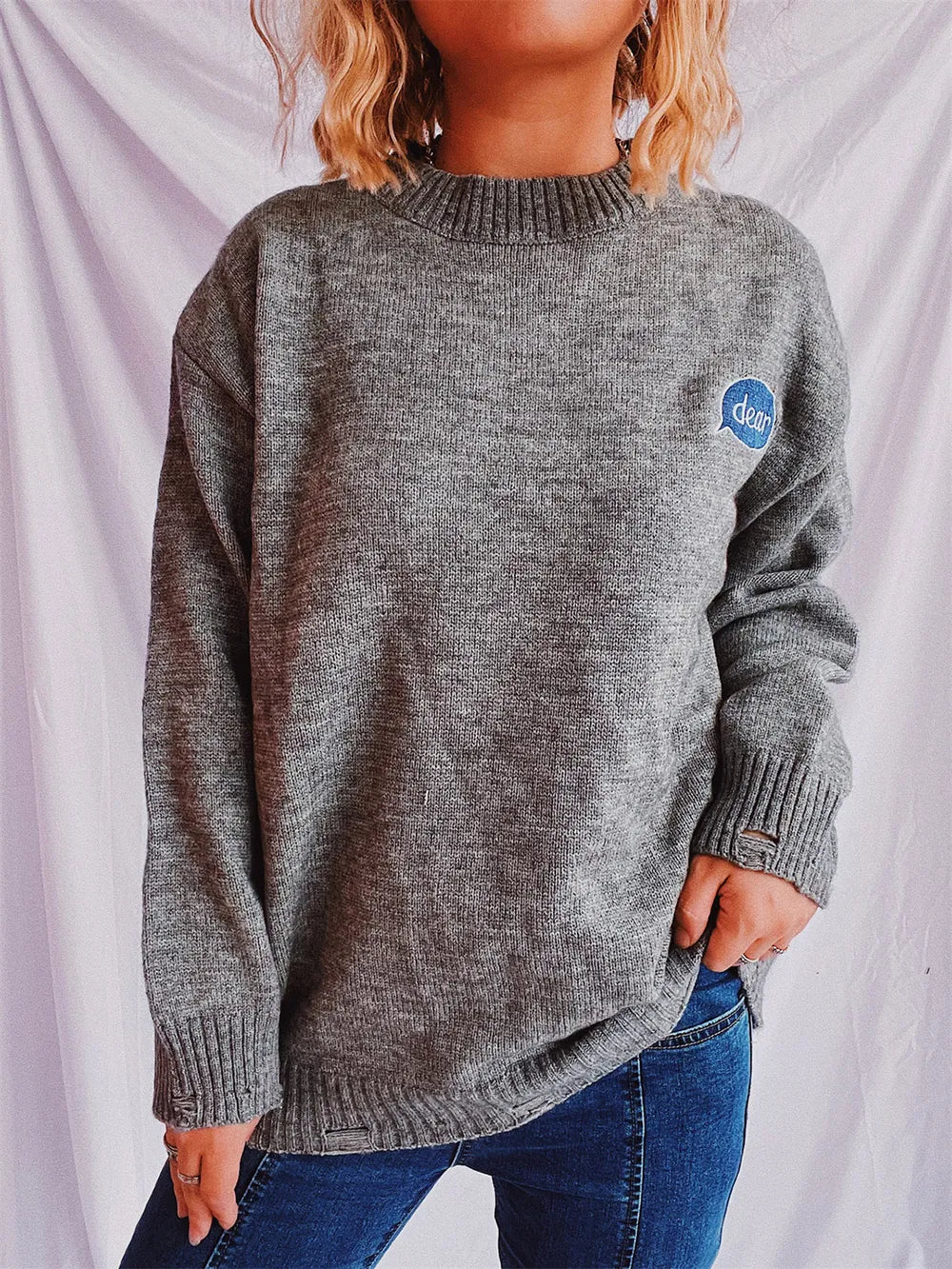 Embroidered Round Neck Dropped Shoulder Sweater - Lilixa.store