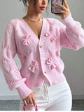 Bow Cable Knit V-Neck Cardigan - Lilixa.store