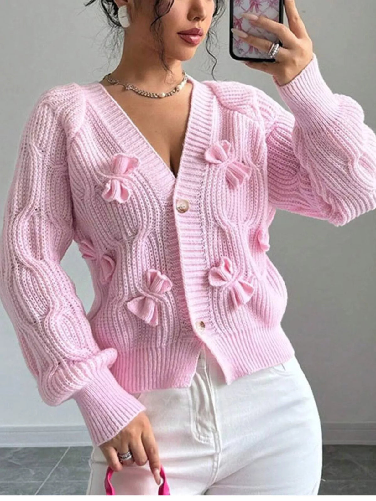 Bow Cable Knit V-Neck Cardigan - Lilixa.store