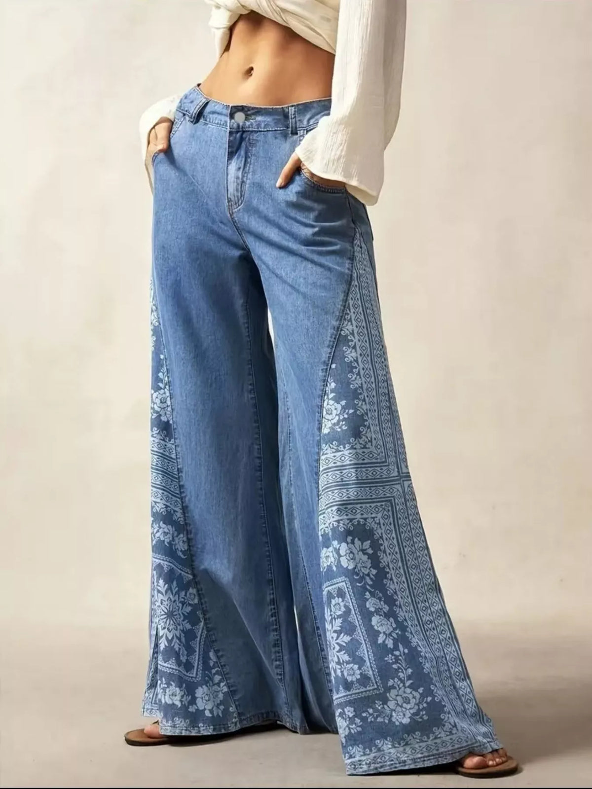 Floral Print Wide-Leg Flare Jeans - Lilixa.store