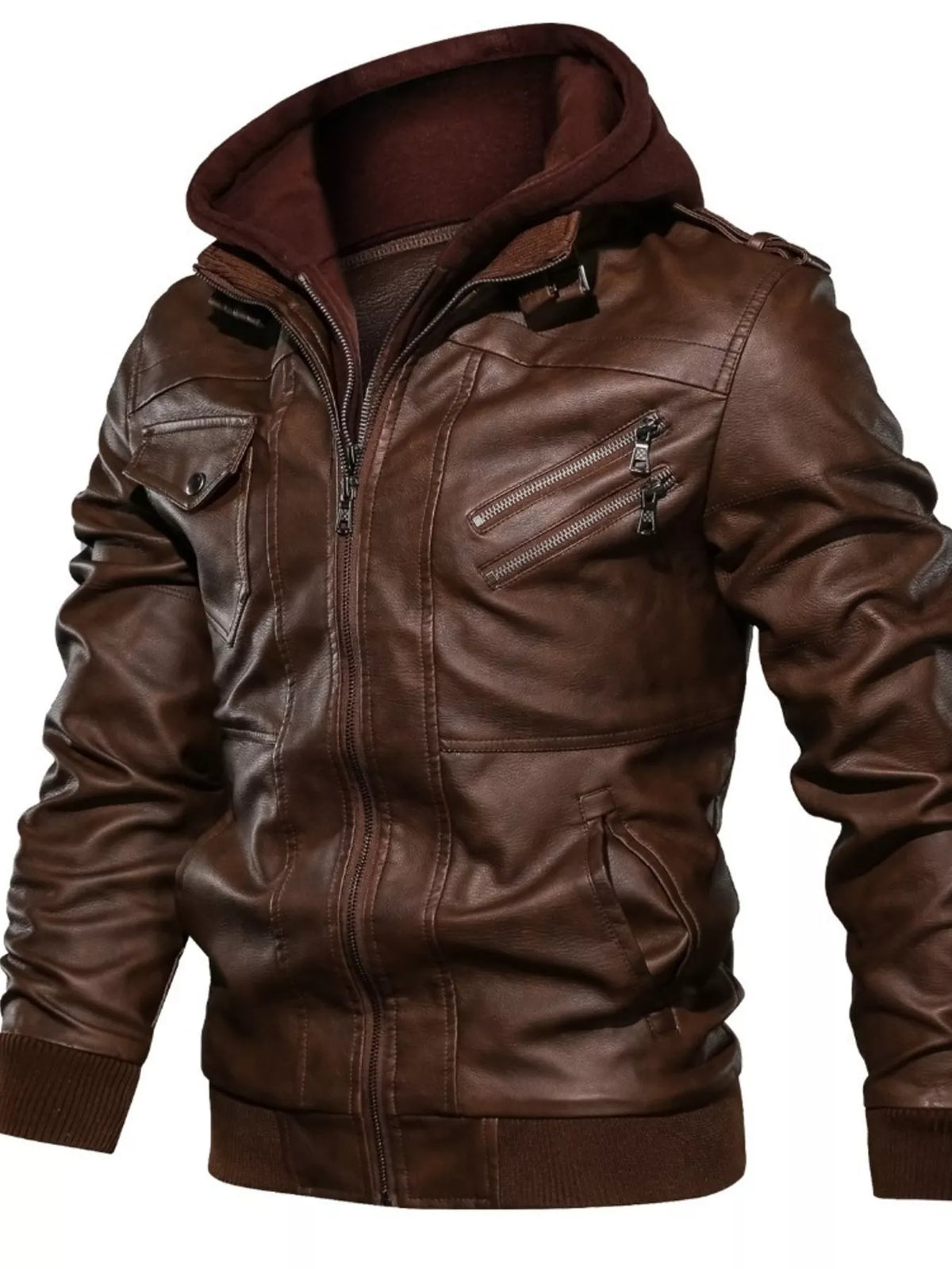 Men's Full Size Hooded Faux Leather Moto Jacket Plus Size - Lilixa.store