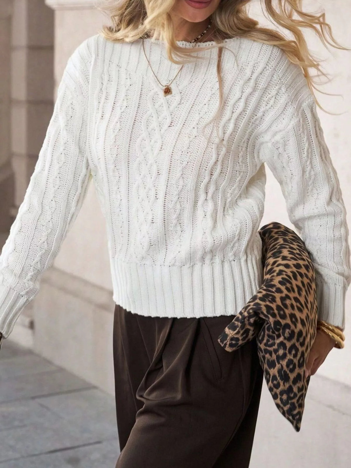 Cable-Knit Round Neck Sweater in White, view 3