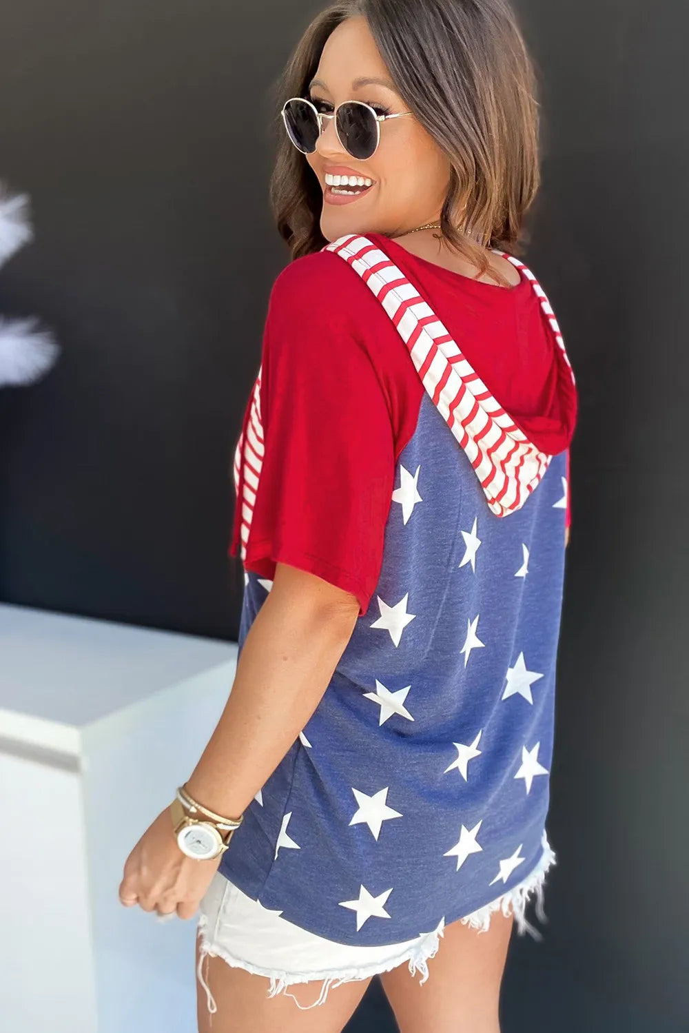 Stars and Stripes Print Drawstring Hoodie - Lilixa.store