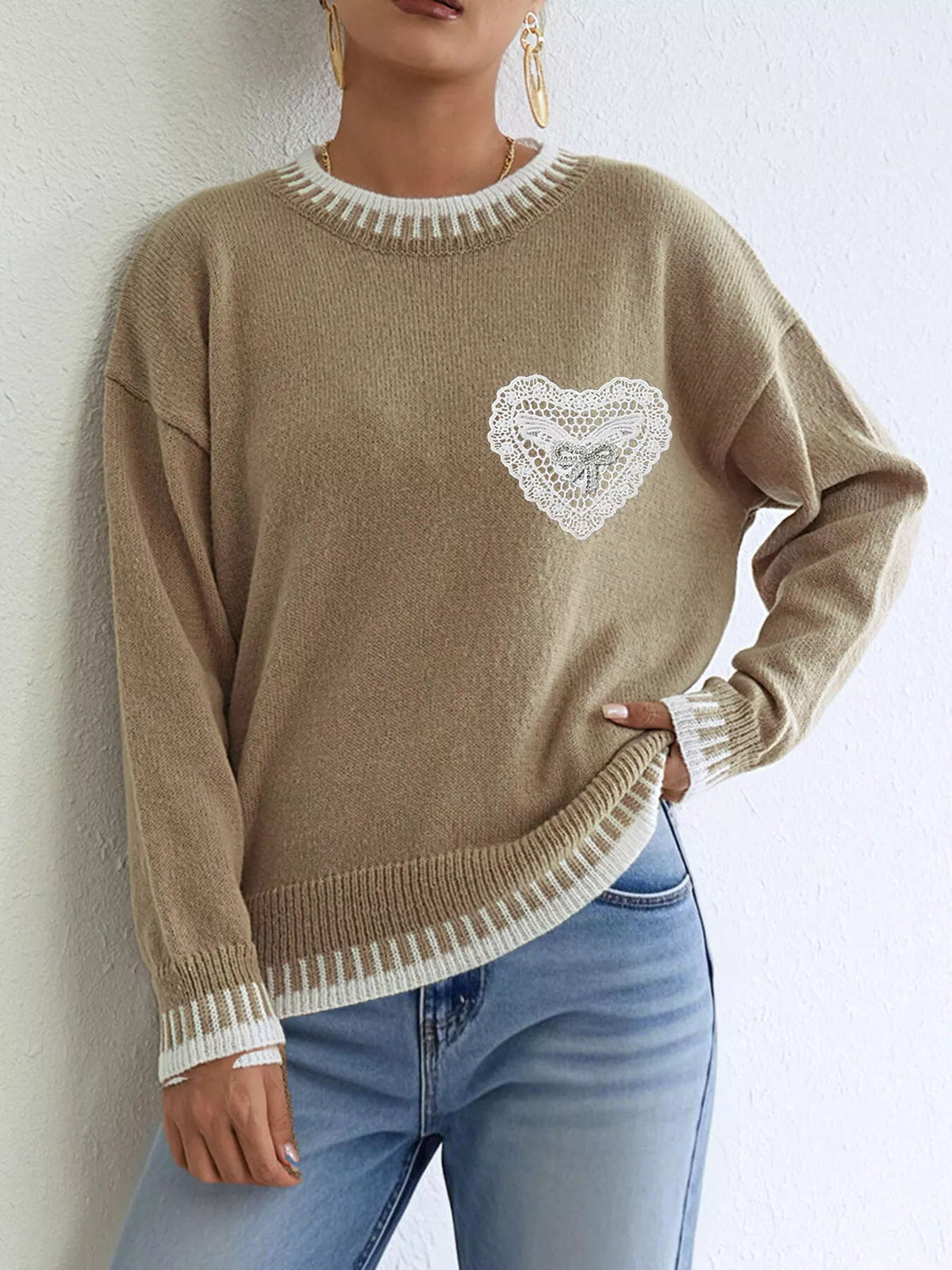 Lace Heart Contrast Trim Sweater - Lilixa.store