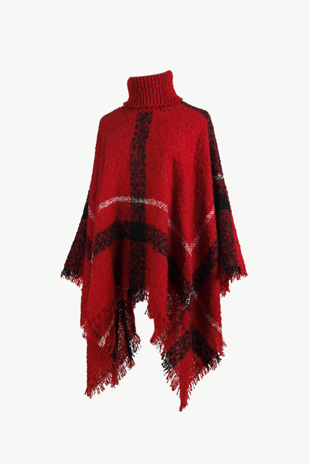 Plaid Turtleneck Raw Hem Poncho, view 5