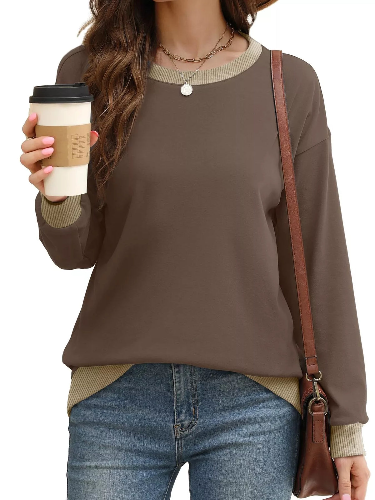 Contrast Trim Crew Neck Casual Sweatshirt - Lilixa.store