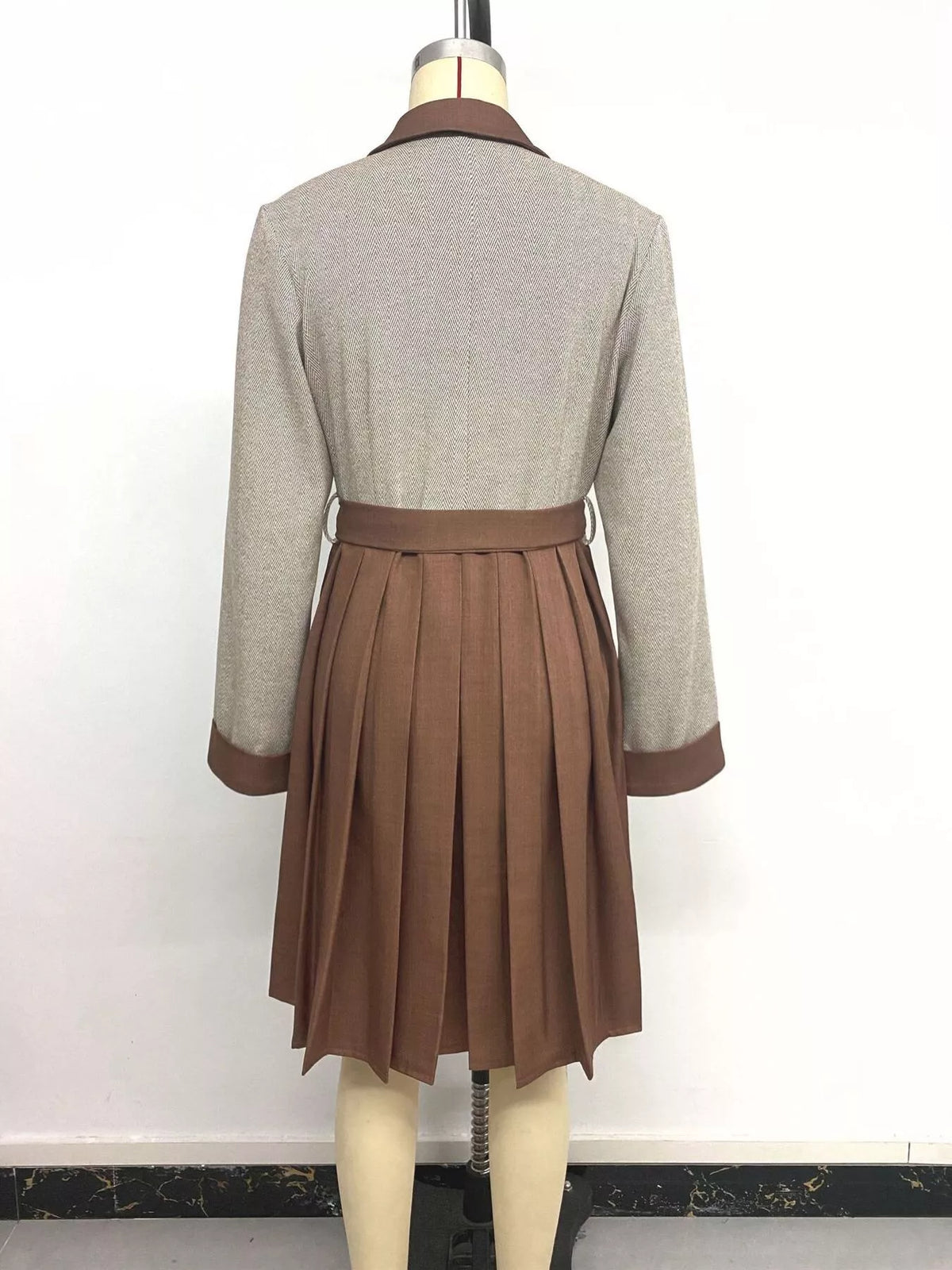 Pleated Patchwork Blazer Belt Dress - Lilixa.store