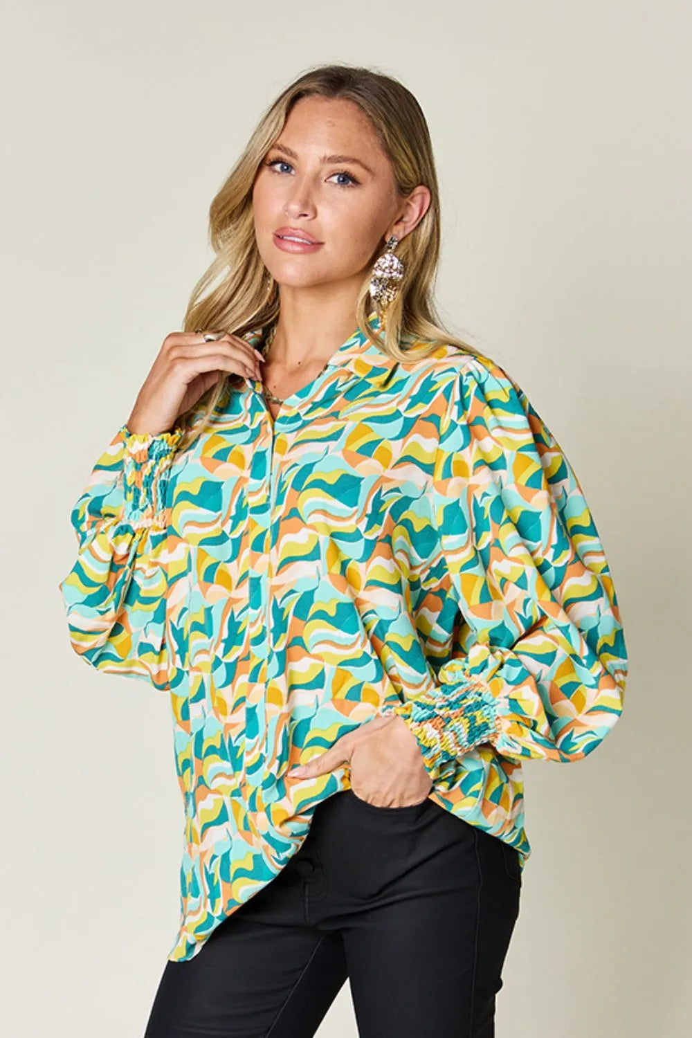 Double Take Full Size Printed Smocked Long Sleeve Blouse - Lilixa.store