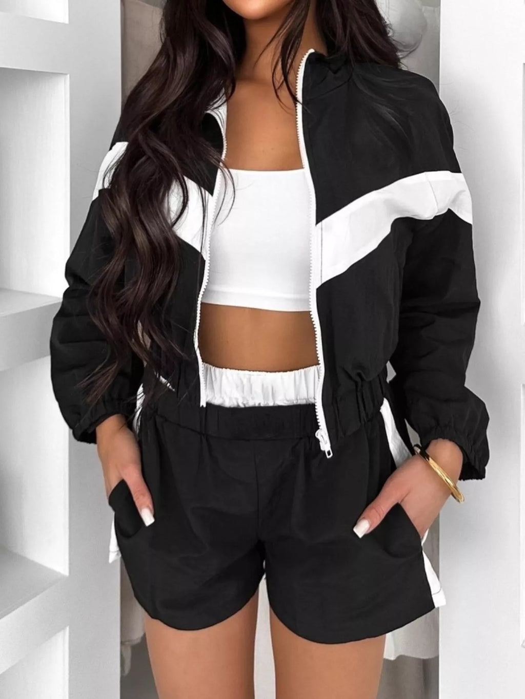 Color Block Zip-Up Jacket and Shorts Two-Piece Set - Lilixa.store