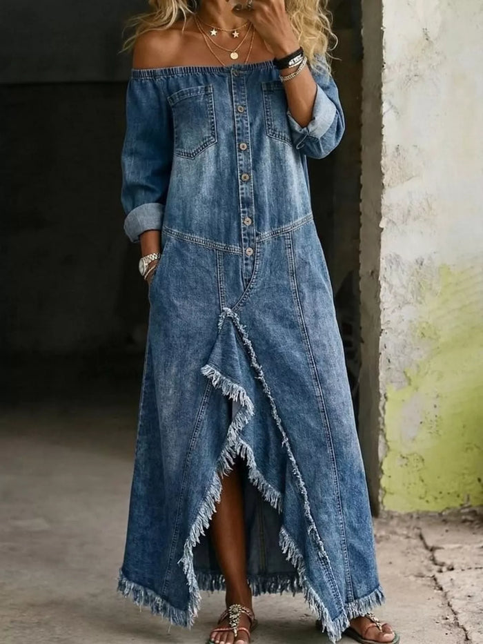 Full Size Off-Shoulder Raw Hem Slit Denim Maxi Dress Plus Size - Lilixa.store