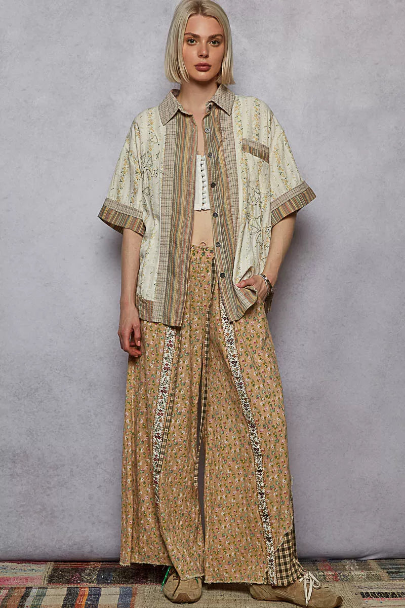 POL Printed Button Down Patchwork Short Sleeve Shirt in Cream Multi, view 3