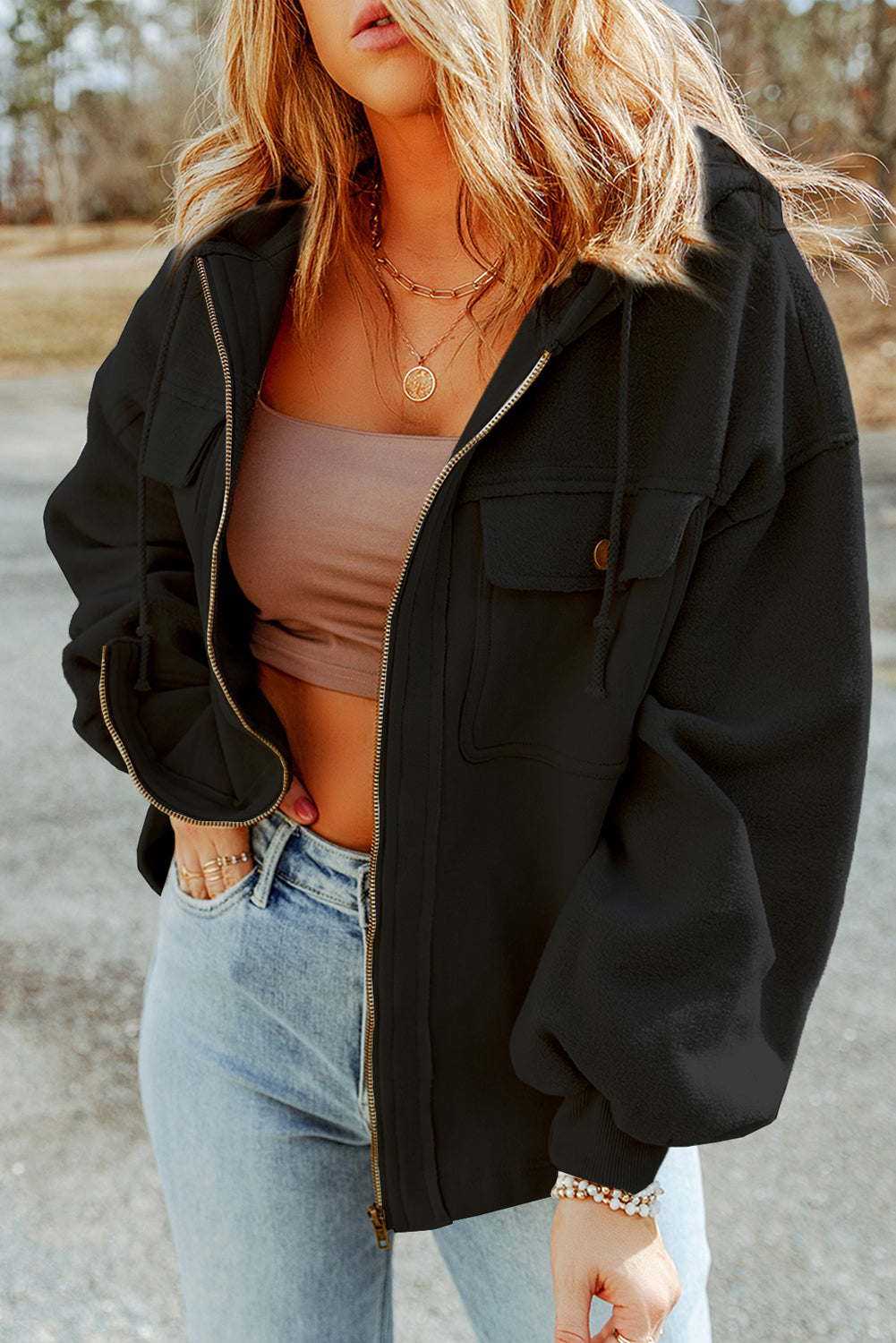 Zip-Up Drawstring Hooded Jacket in Black
