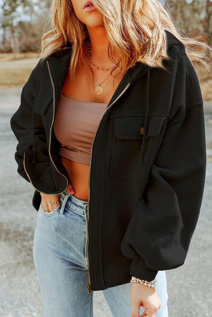 Zip-Up Drawstring Hooded Jacket in Black