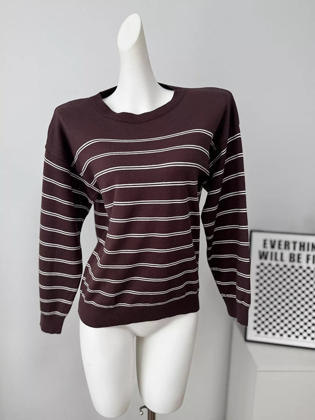 Classic Striped Crewneck Knit Top with Layered Sweater Detail, view 22