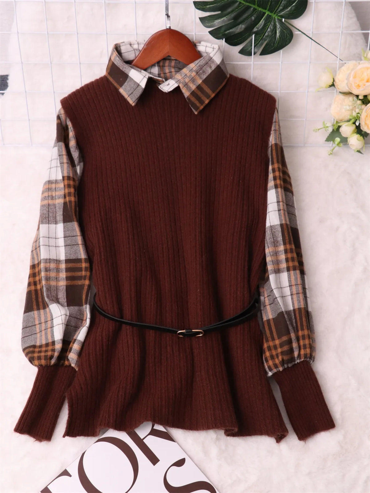 Plaid Long Sleeve Sweater Dress in Khaki